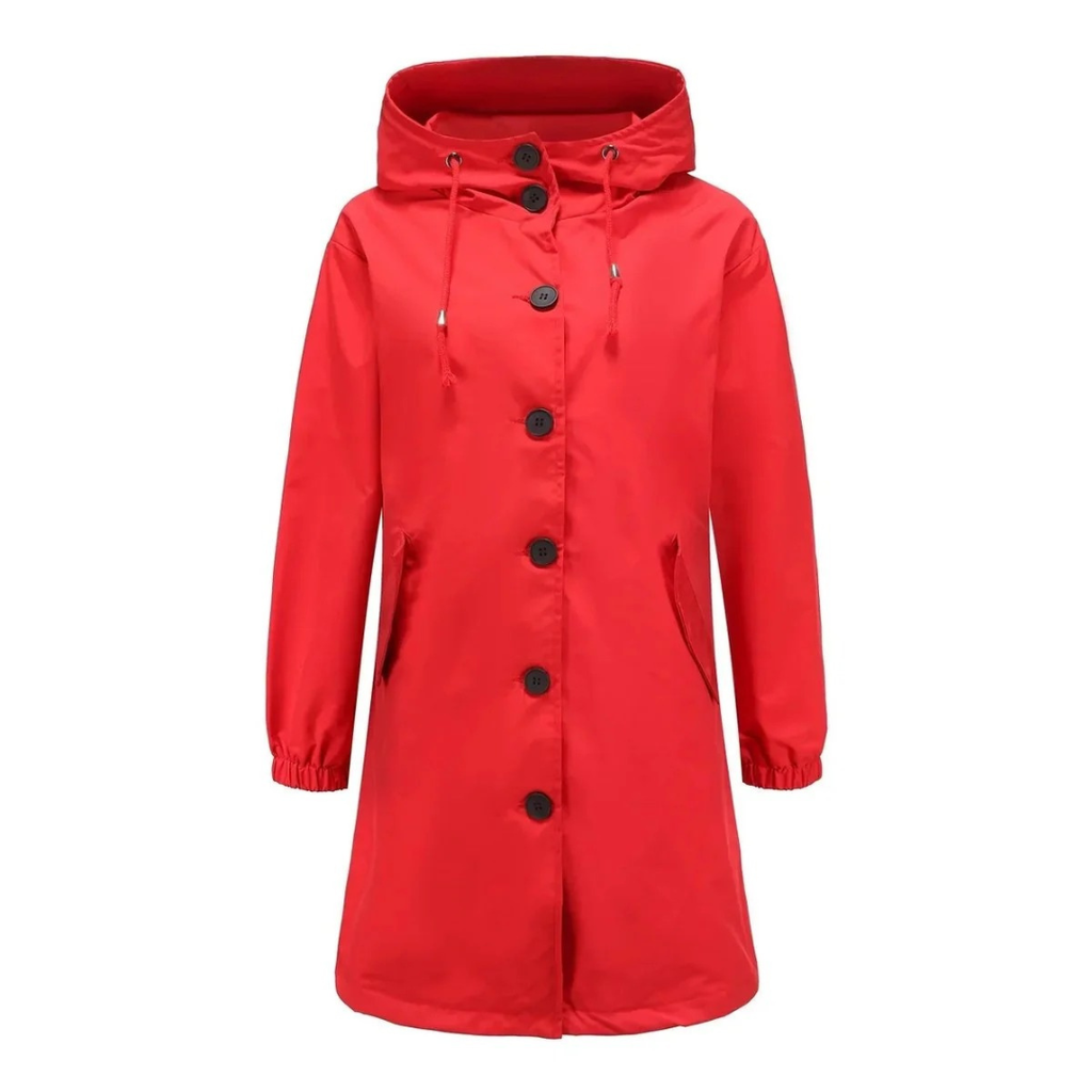 Karoline | Damen Regenjacke Wasserdicht mit Kapuze, Langer Mantel mit Taschen und Knöpfen