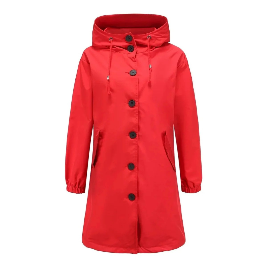 Karoline | Damen Regenjacke Wasserdicht mit Kapuze, Langer Mantel mit Taschen und Knöpfen