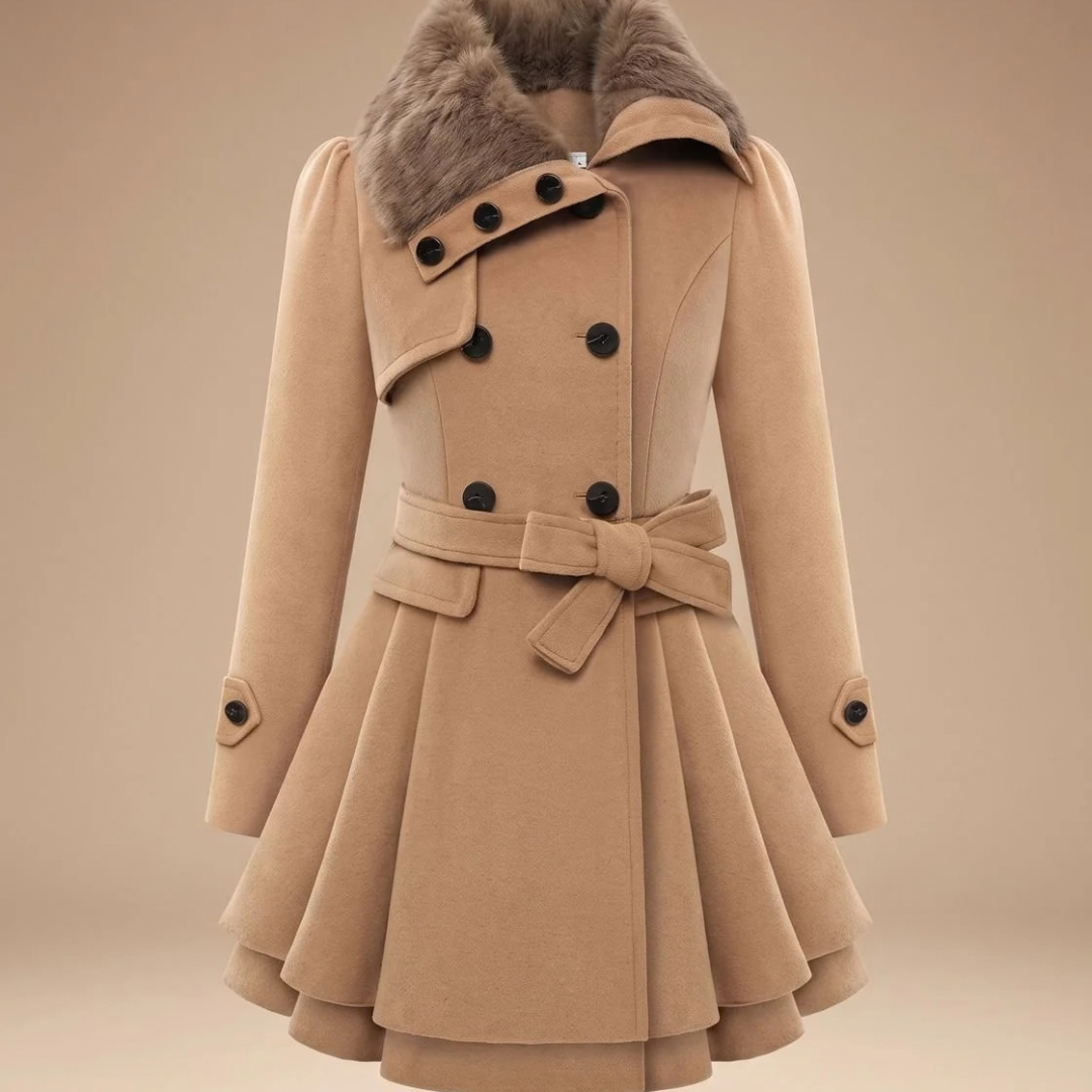 Karoline | Damen Winterjacke mit Kunstfell, Kragen und Gürtel