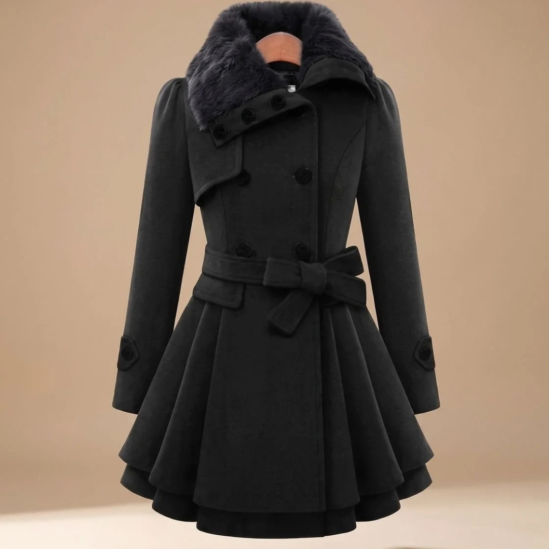Karoline | Damen Winterjacke mit Kunstfell, Kragen und Gürtel