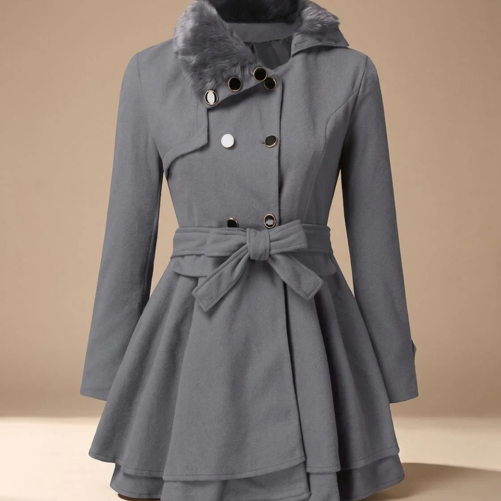 Karoline | Damen Winterjacke mit Kunstfell, Kragen und Gürtel
