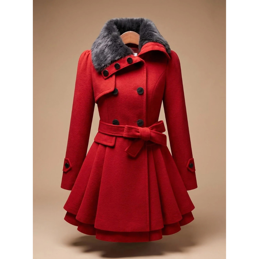 Karoline | Damen Winterjacke mit Kunstfell, Kragen und Gürtel
