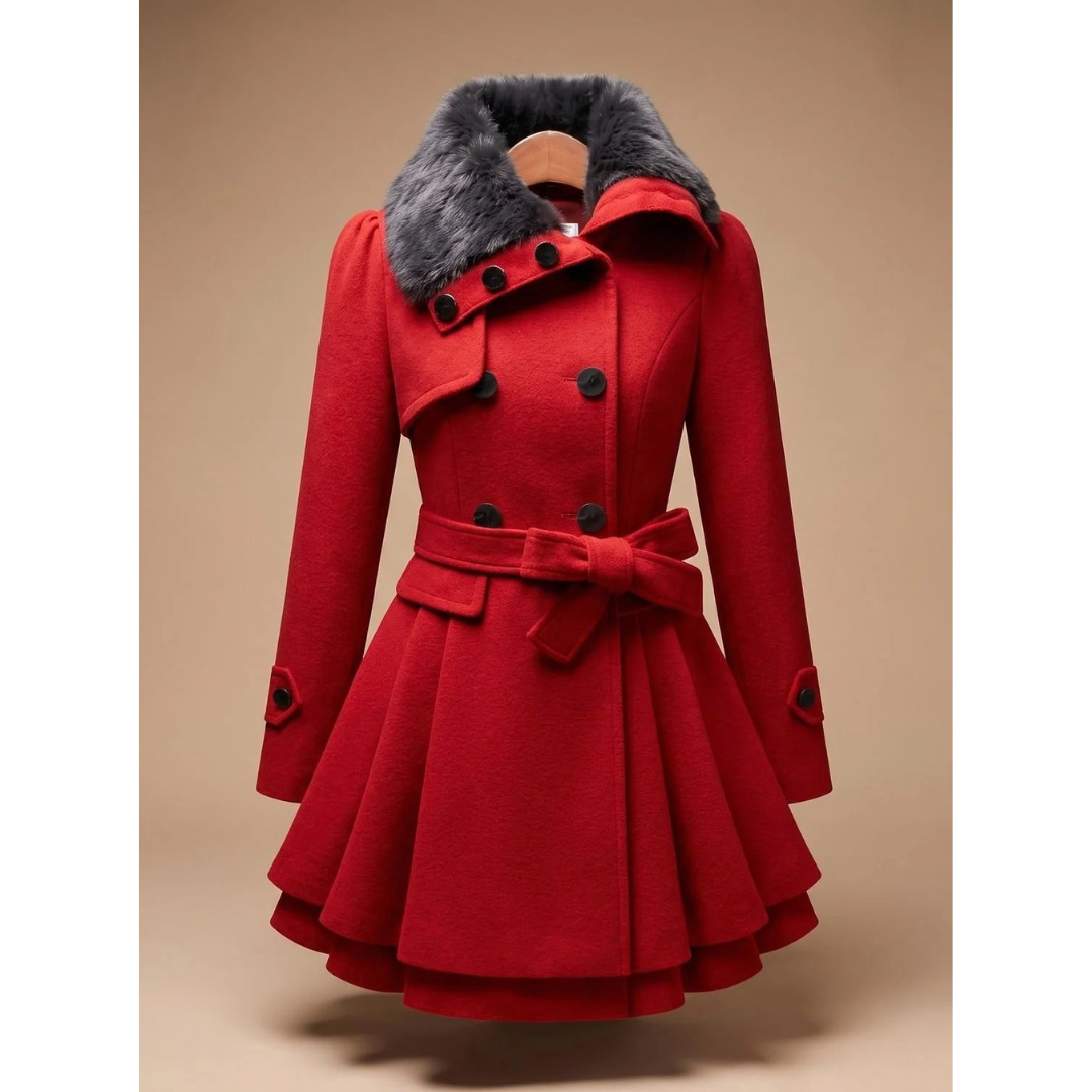 Karoline | Damen Winterjacke mit Kunstfell, Kragen und Gürtel