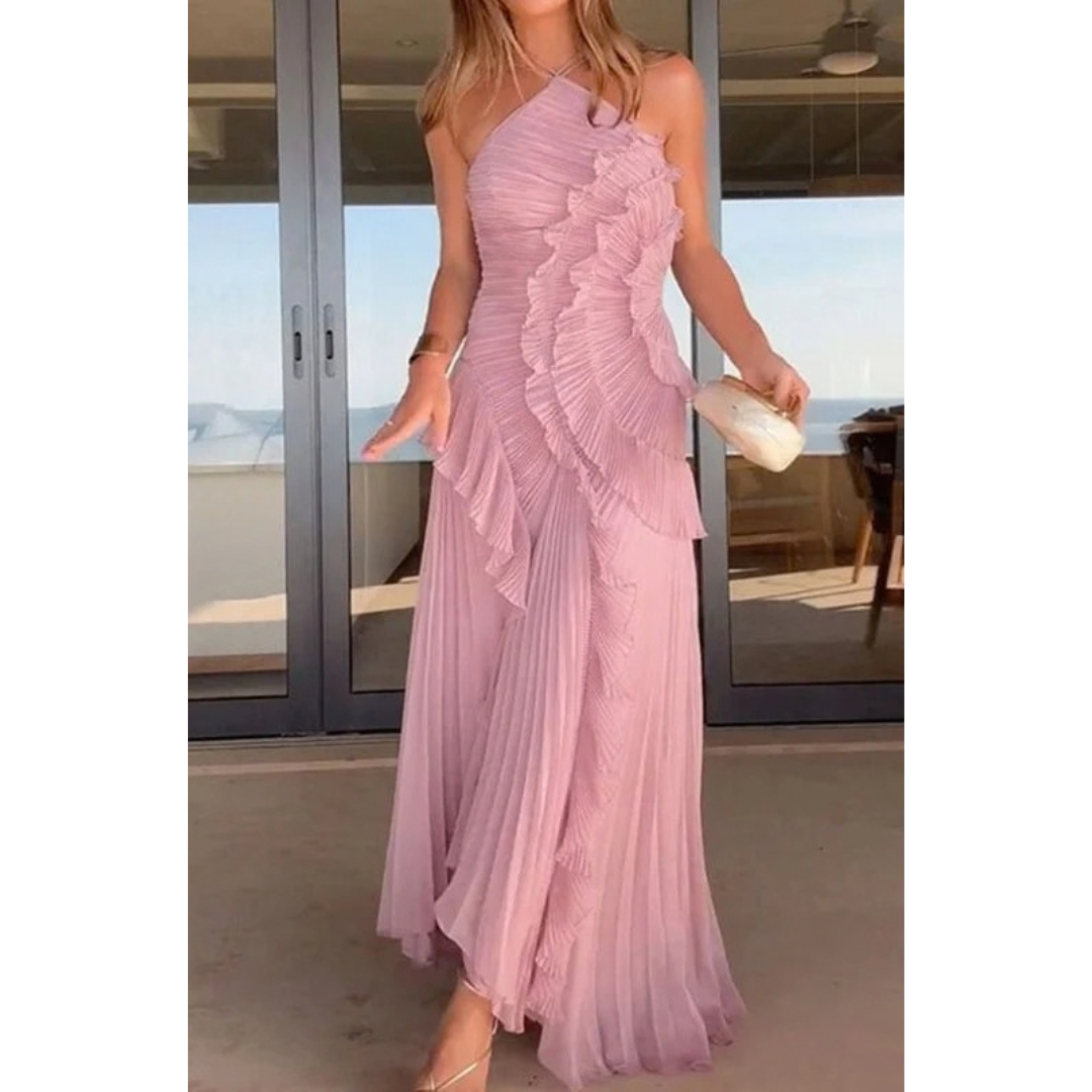 Kassandra | Damen Plissee Maxikleid mit Rüschen und Neckholder