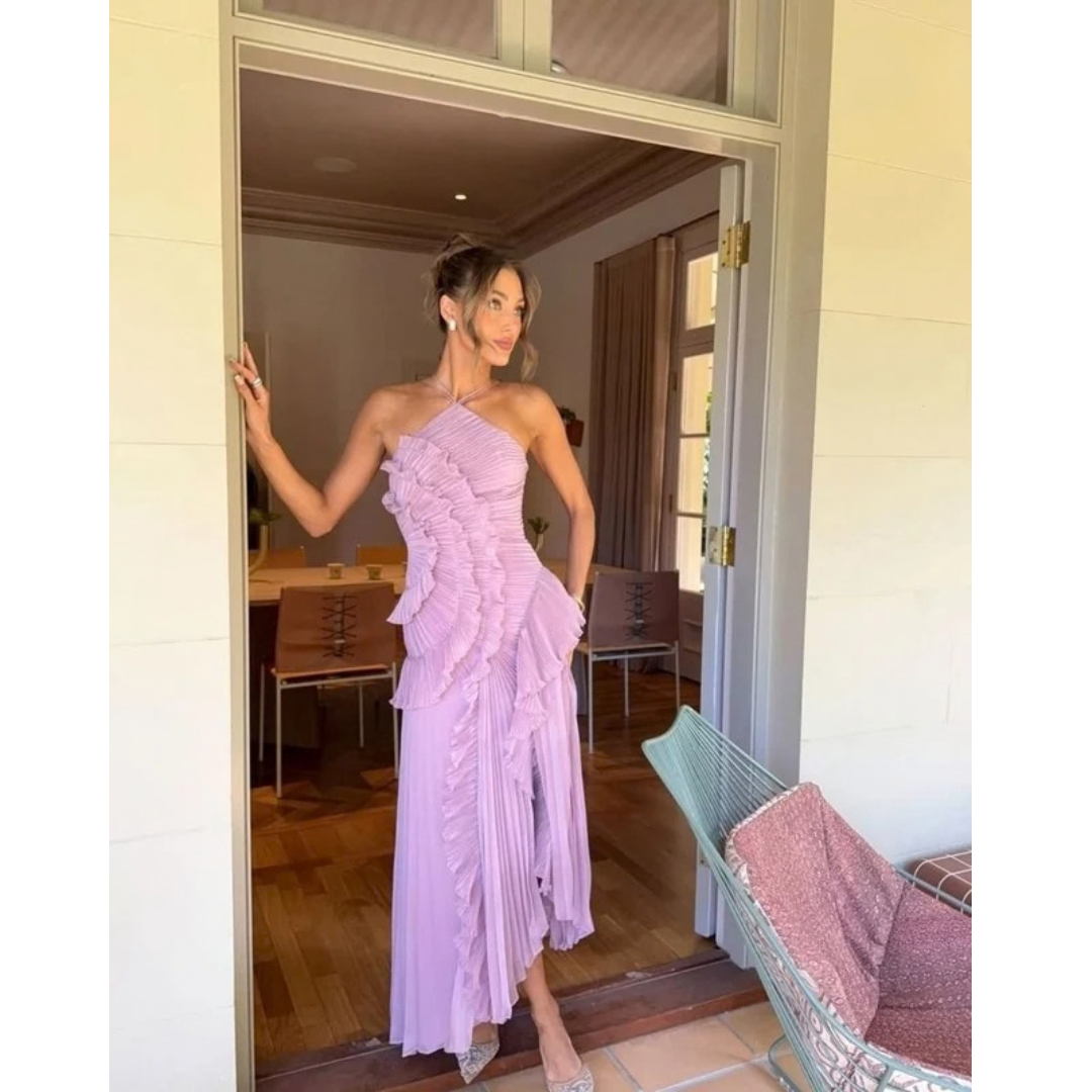 Kassandra | Damen Plissee Maxikleid mit Rüschen und Neckholder