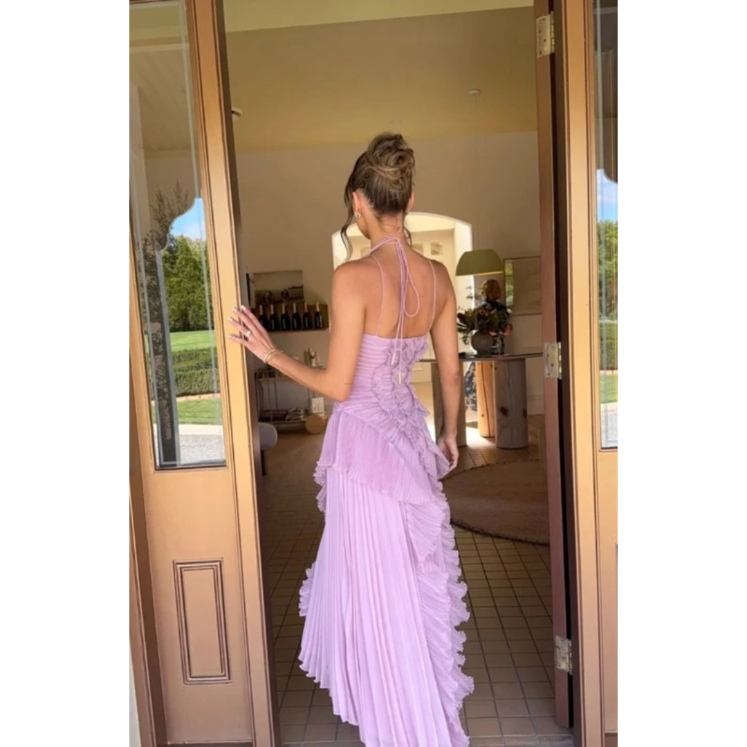Kassandra | Damen Plissee Maxikleid mit Rüschen und Neckholder