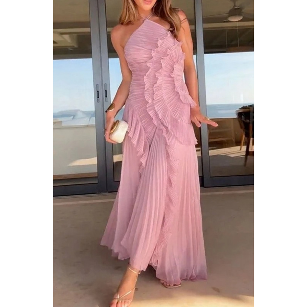 Kassandra | Damen Plissee Maxikleid mit Rüschen und Neckholder