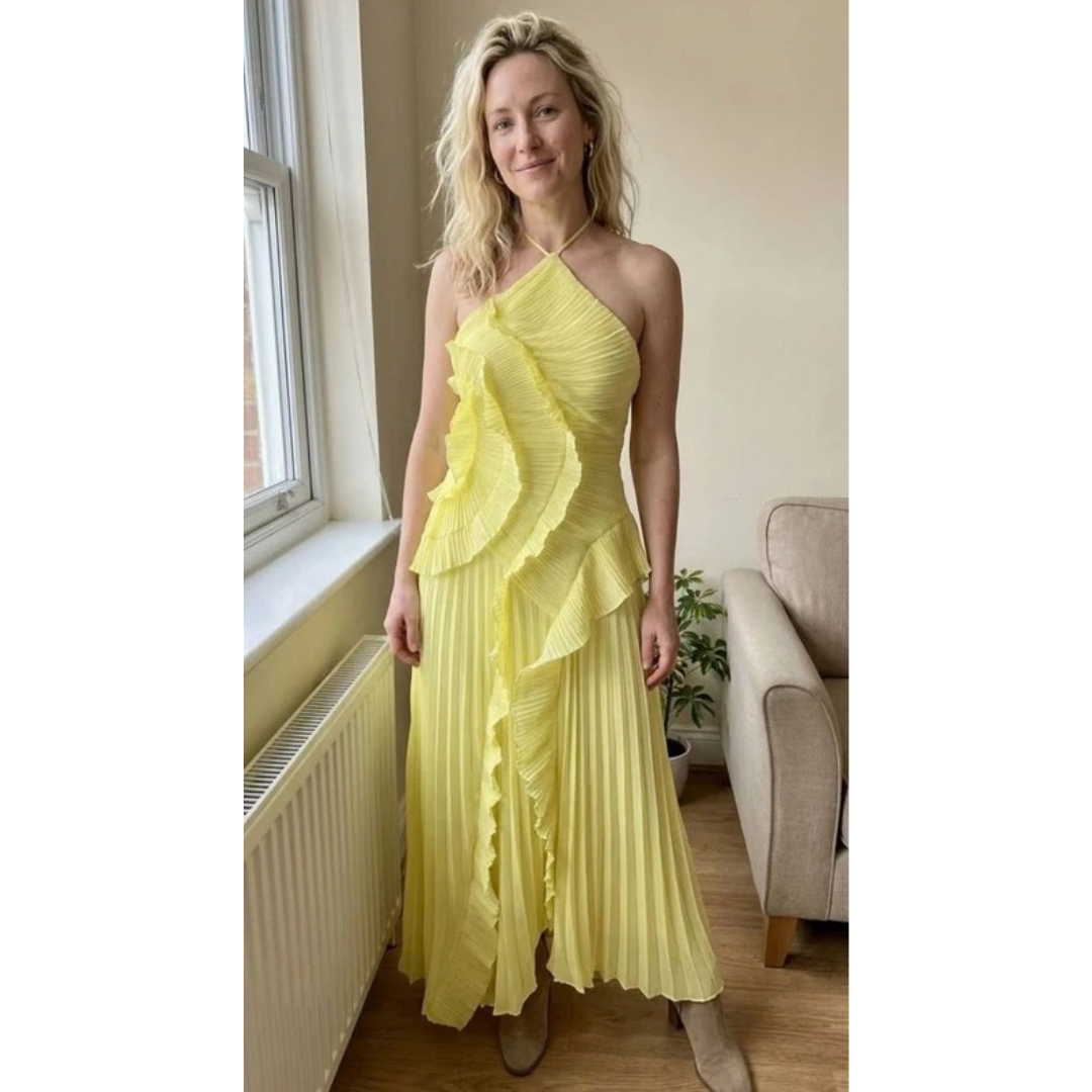 Kassandra | Damen Plissee Maxikleid mit Rüschen und Neckholder
