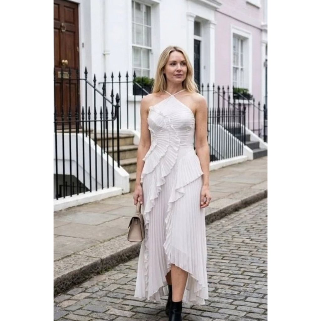 Kassandra | Damen Plissee Maxikleid mit Rüschen und Neckholder