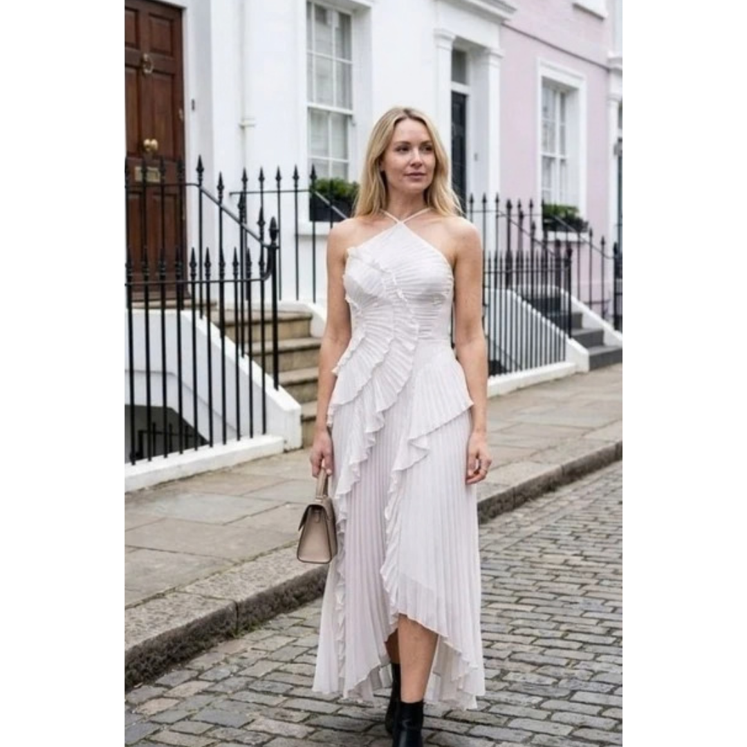 Kassandra | Damen Plissee Maxikleid mit Rüschen und Neckholder