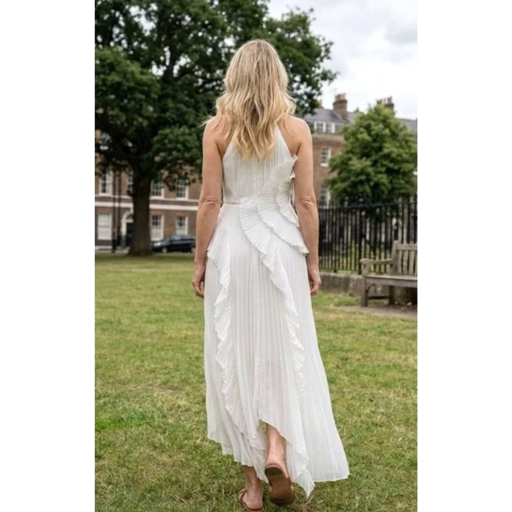 Kassandra | Damen Plissee Maxikleid mit Rüschen und Neckholder