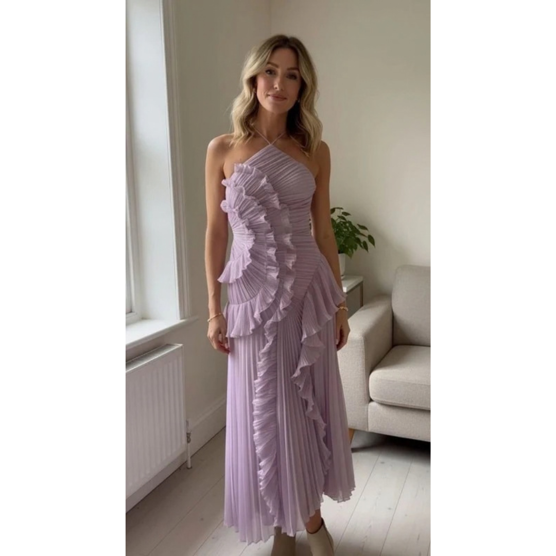 Kassandra | Damen Plissee Maxikleid mit Rüschen und Neckholder