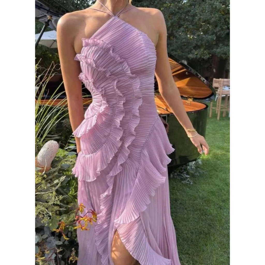 Kassandra | Damen Plissee Maxikleid mit Rüschen und Neckholder