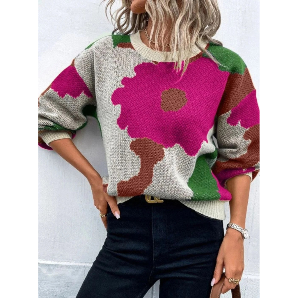 Kassandra | Damen Strickpullover mit Blumenmuster und Weitem Schnitt