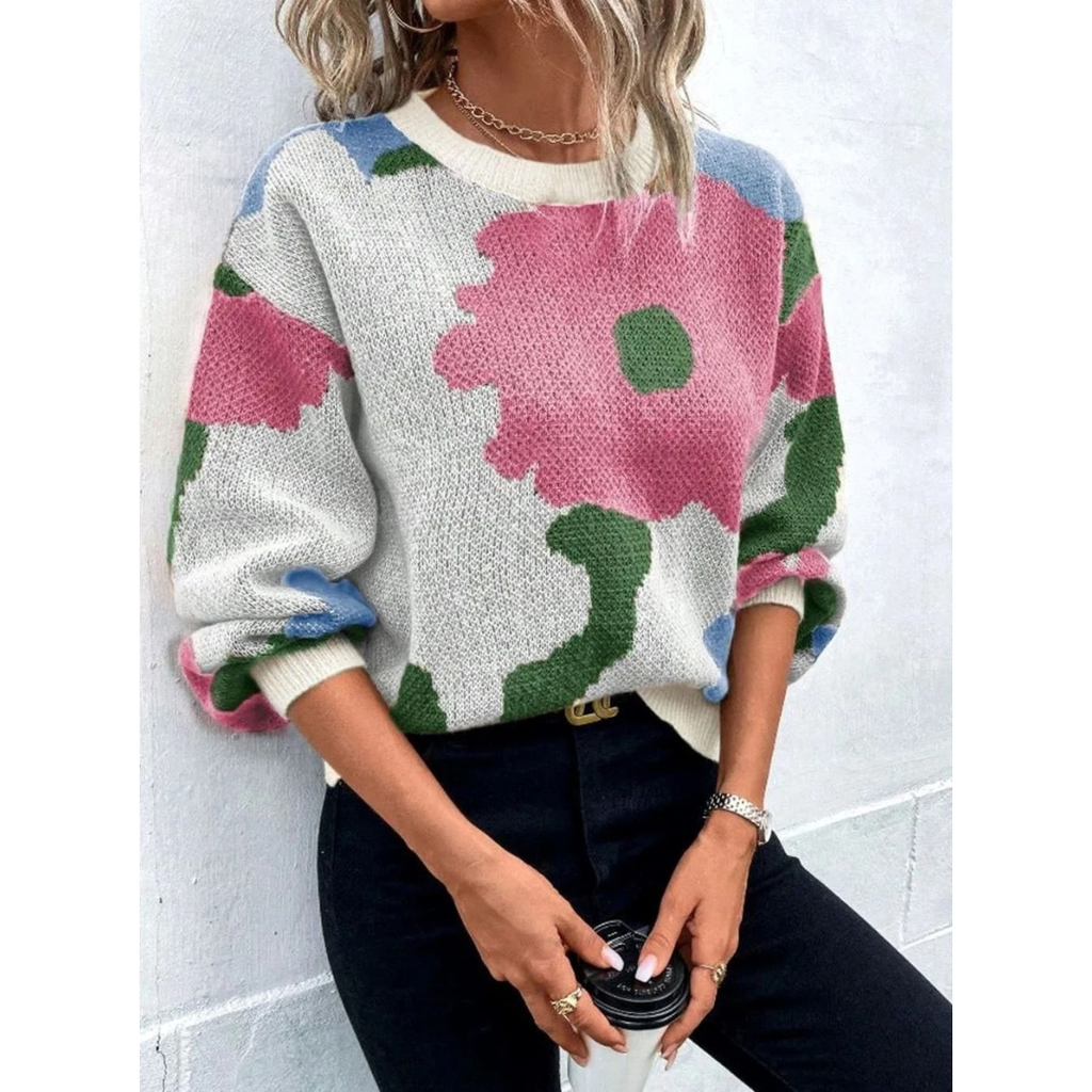 Kassandra | Damen Strickpullover mit Blumenmuster und Weitem Schnitt
