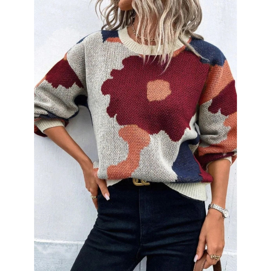 Kassandra | Damen Strickpullover mit Blumenmuster und Weitem Schnitt