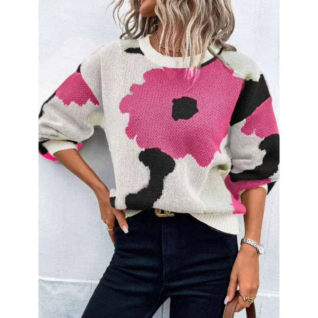 Kassandra | Damen Strickpullover mit Blumenmuster und Weitem Schnitt