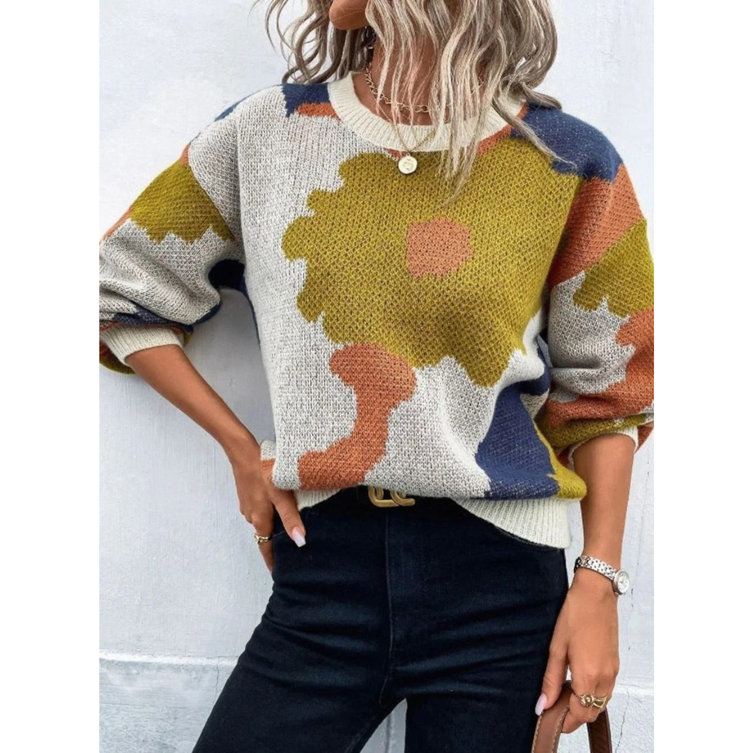 Kassandra | Damen Strickpullover mit Blumenmuster und Weitem Schnitt