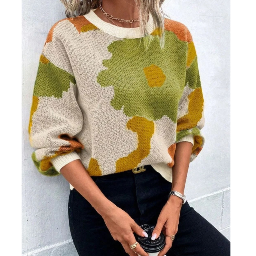 Kassandra | Damen Strickpullover mit Blumenmuster und Weitem Schnitt