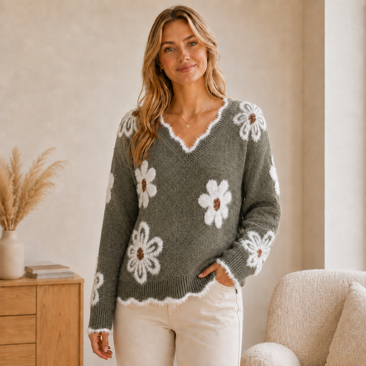 Katharina | Damen Pullover mit großen Blumen