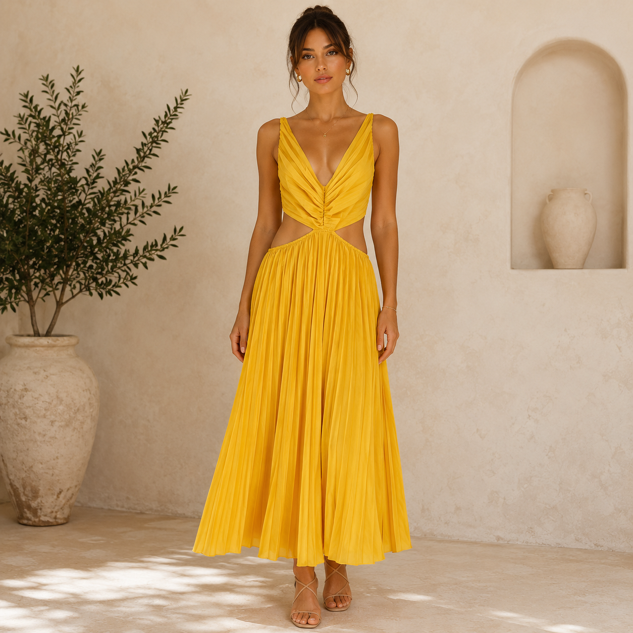 Käthe | Damen Elegante Gelbes Maxikleid Mit V-Ausschnitt