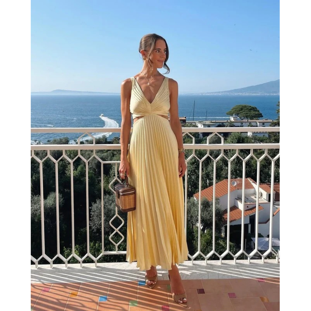 Käthe | Damen Elegante Gelbes Maxikleid Mit V-Ausschnitt