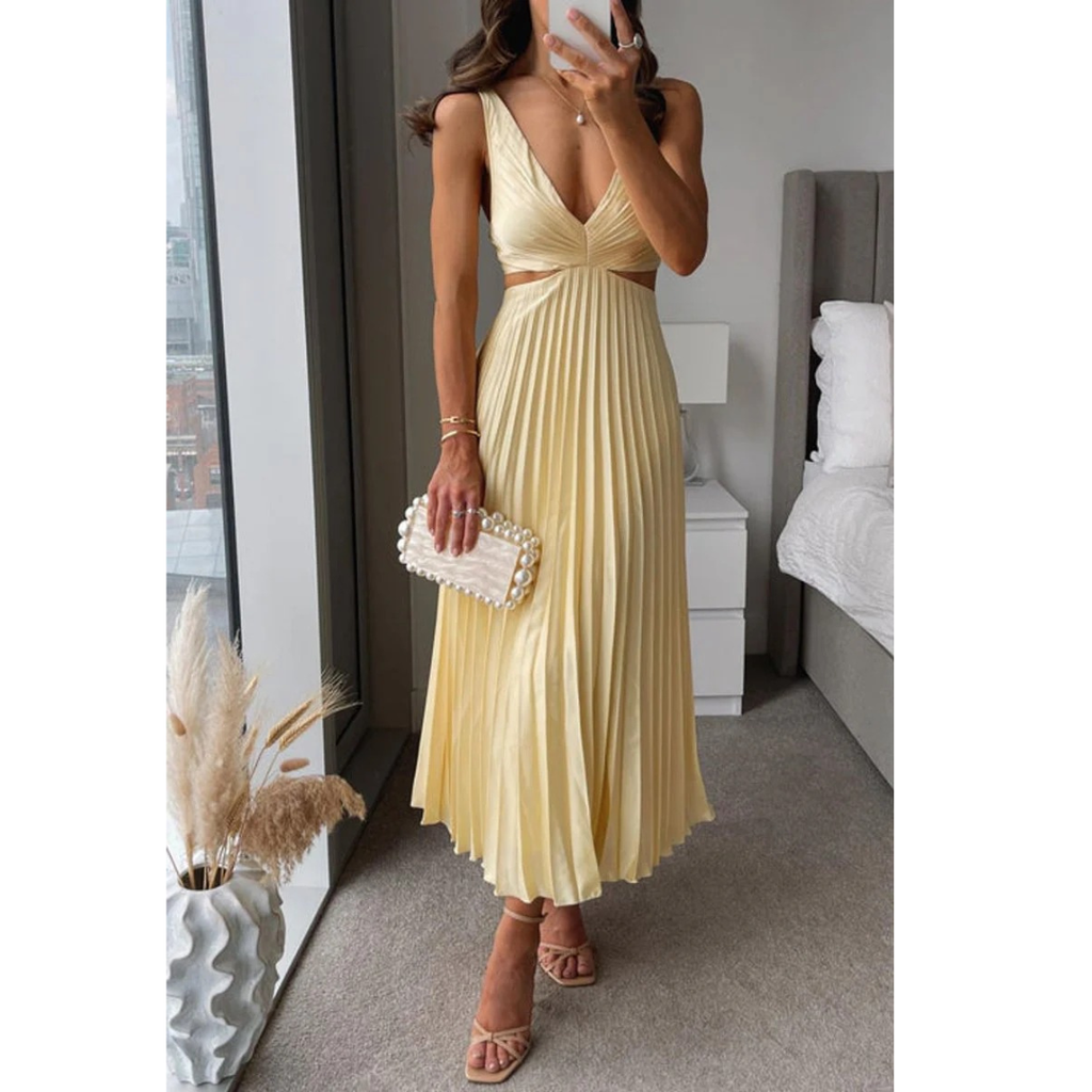 Käthe | Damen Elegante Gelbes Maxikleid Mit V-Ausschnitt