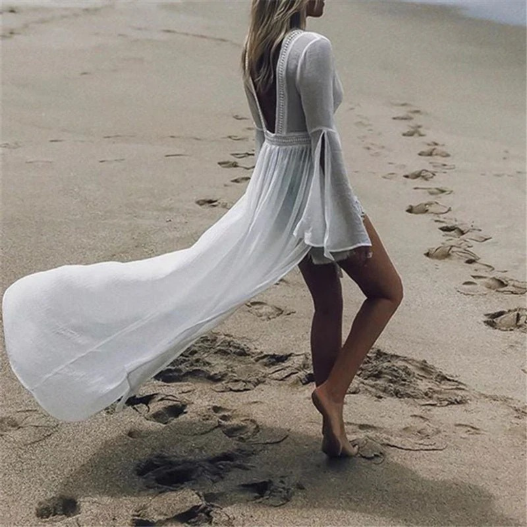 Käthe | Damen Elegante Weißes Maxi-Tunika Strandkleid
