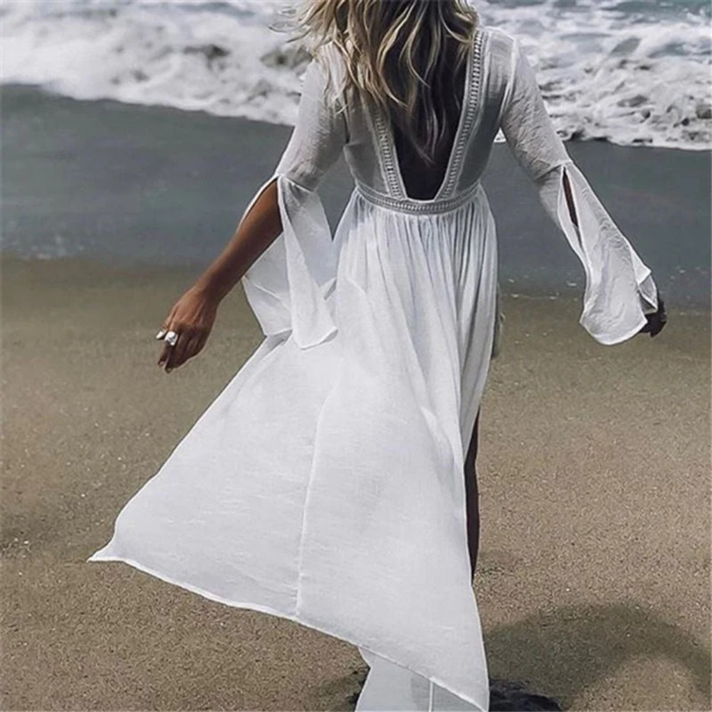 Käthe | Damen Elegante Weißes Maxi-Tunika Strandkleid