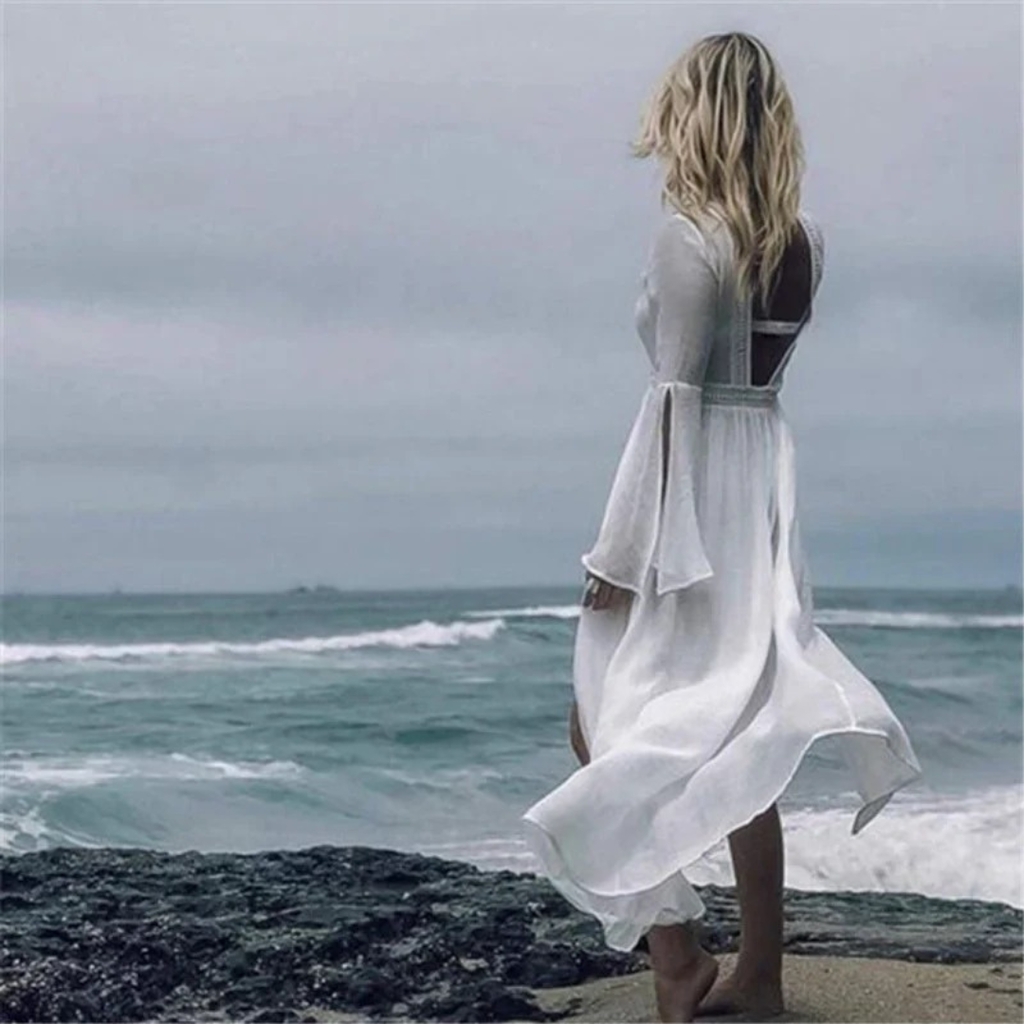 Käthe | Damen Elegante Weißes Maxi-Tunika Strandkleid