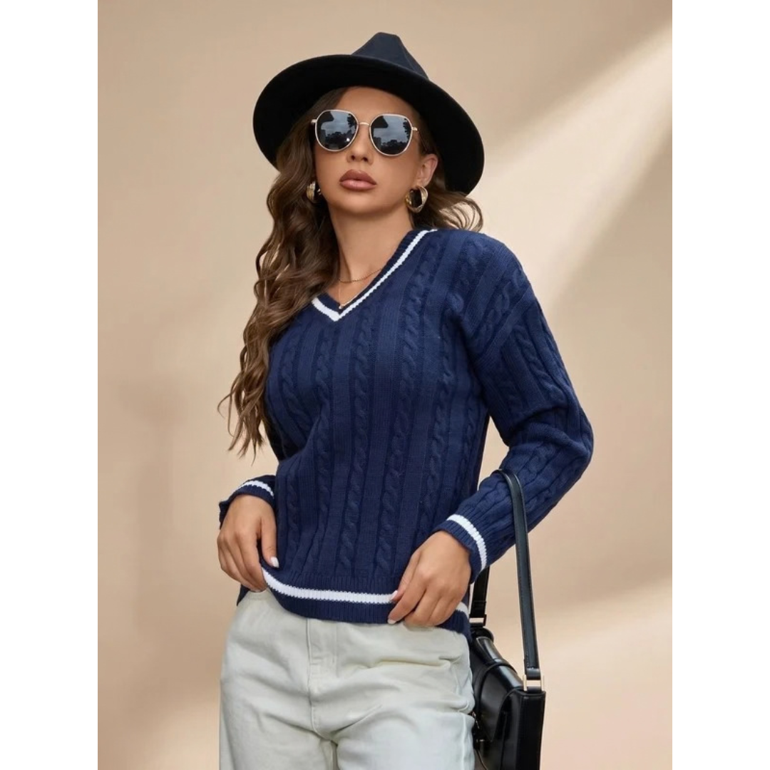 Katrin | Damen Blauer Pullover mit V Ausschnitt und Langarm