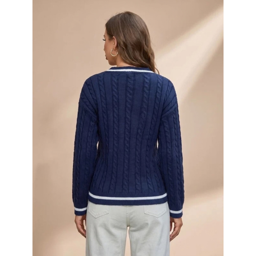 Katrin | Damen Blauer Pullover mit V Ausschnitt und Langarm