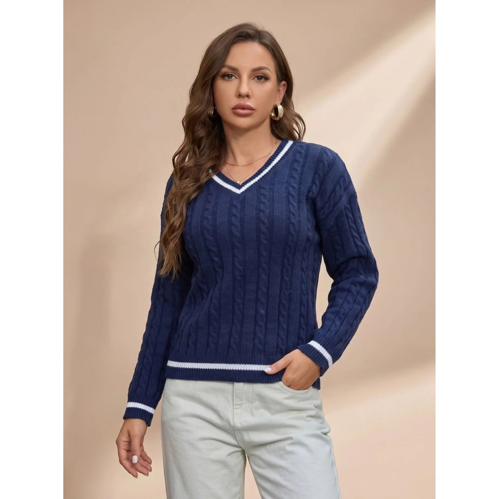 Katrin | Damen Blauer Pullover mit V Ausschnitt und Langarm