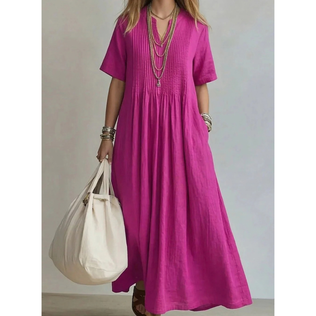 Katrin | Damen Maxikleid mit V Ausschnitt, Plissee und langem Schnitt