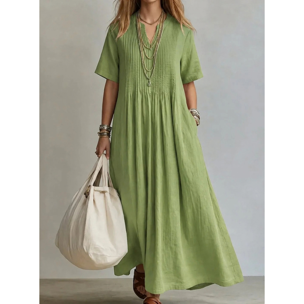 Katrin | Damen Maxikleid mit V Ausschnitt, Plissee und langem Schnitt