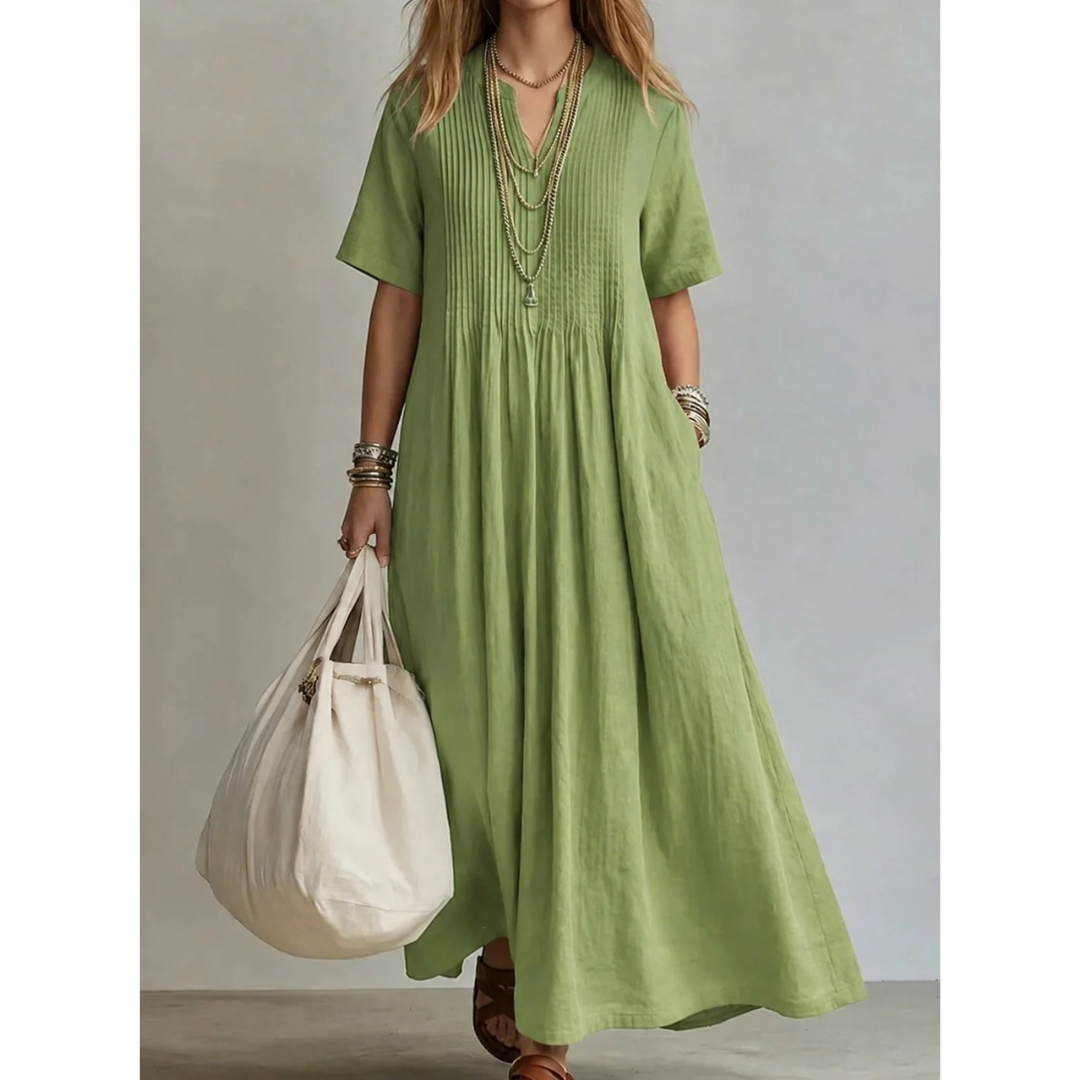 Katrin | Damen Maxikleid mit V Ausschnitt, Plissee und langem Schnitt