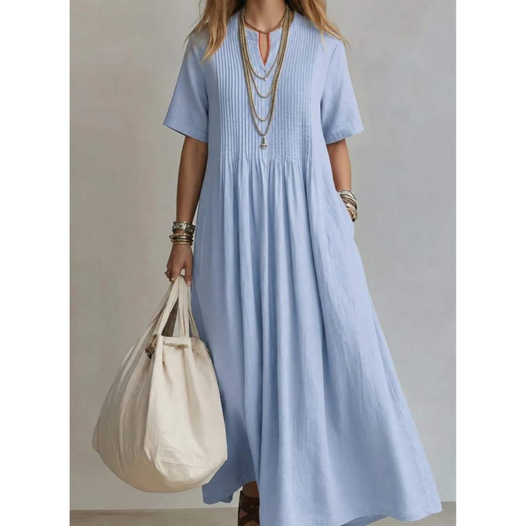 Katrin | Damen Maxikleid mit V Ausschnitt, Plissee und langem Schnitt