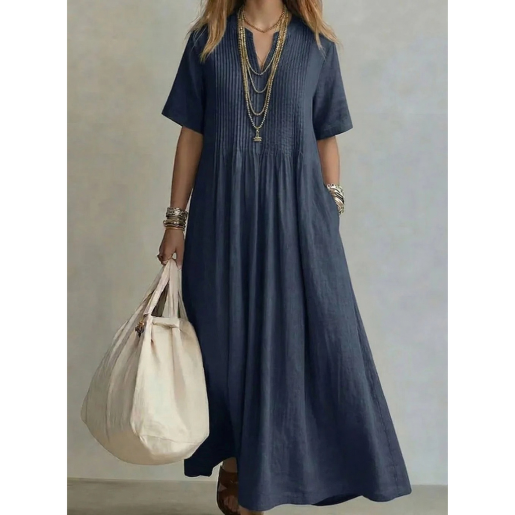 Katrin | Damen Maxikleid mit V Ausschnitt, Plissee und langem Schnitt