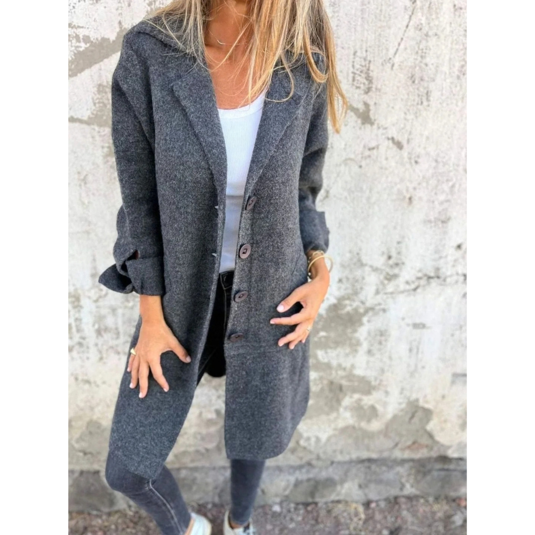 Kayla | Damen Lange Jacke mit Revers und Knöpfen