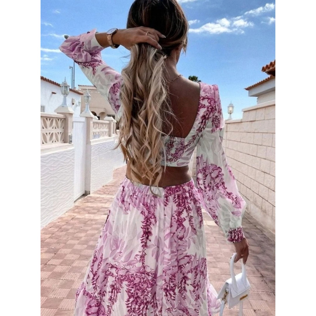 Kristin | Damen Blumen Maxikleid mit Cut Out, V Ausschnitt und Langarm