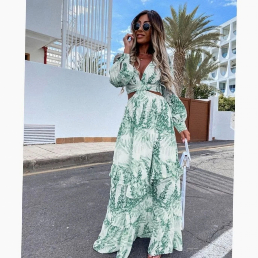 Kristin | Damen Blumen Maxikleid mit Cut Out, V Ausschnitt und Langarm