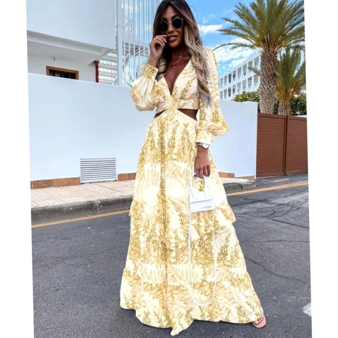 Kristin | Damen Blumen Maxikleid mit Cut Out, V Ausschnitt und Langarm