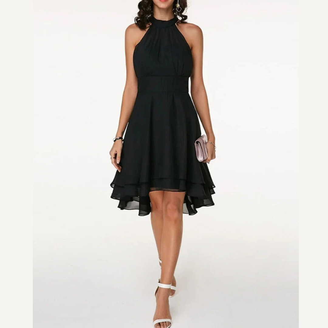 Kurzes Damenkleid – Stilvolles ärmelloses Kleid mit Gerüschtem Saum