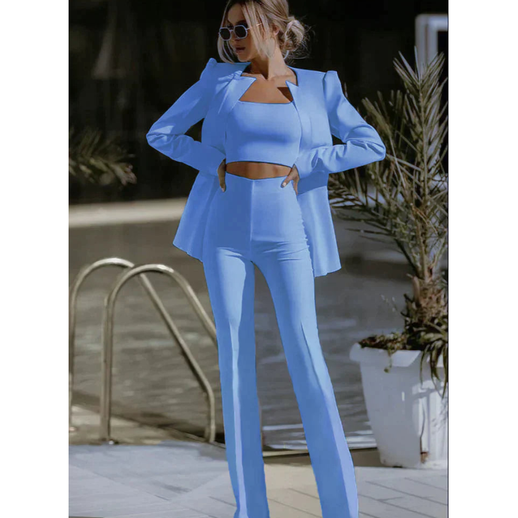 Kurzes Oberteil und Hose im Set – Elegantes Dreiteilige Set für Damen