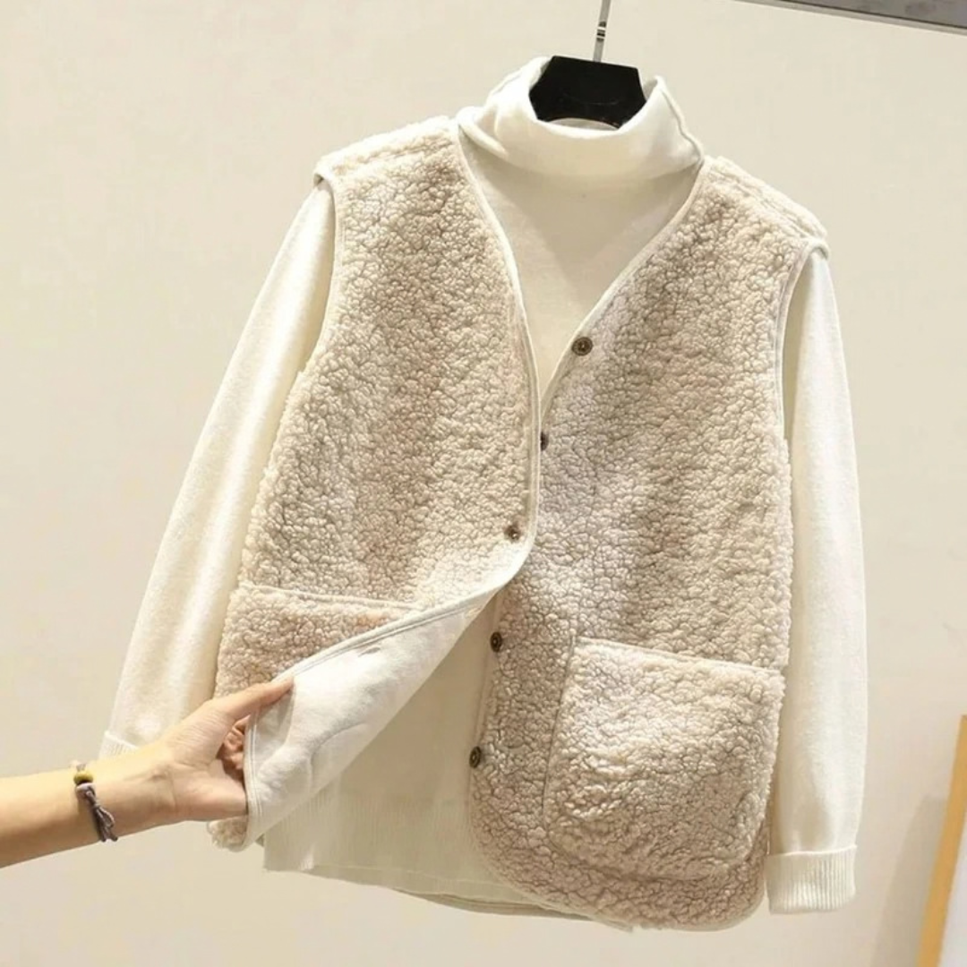 Lamia | Damen Weste aus Teddyfleece mit V Ausschnitt und Taschen