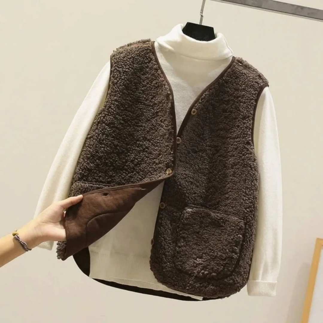 Lamia | Damen Weste aus Teddyfleece mit V Ausschnitt und Taschen