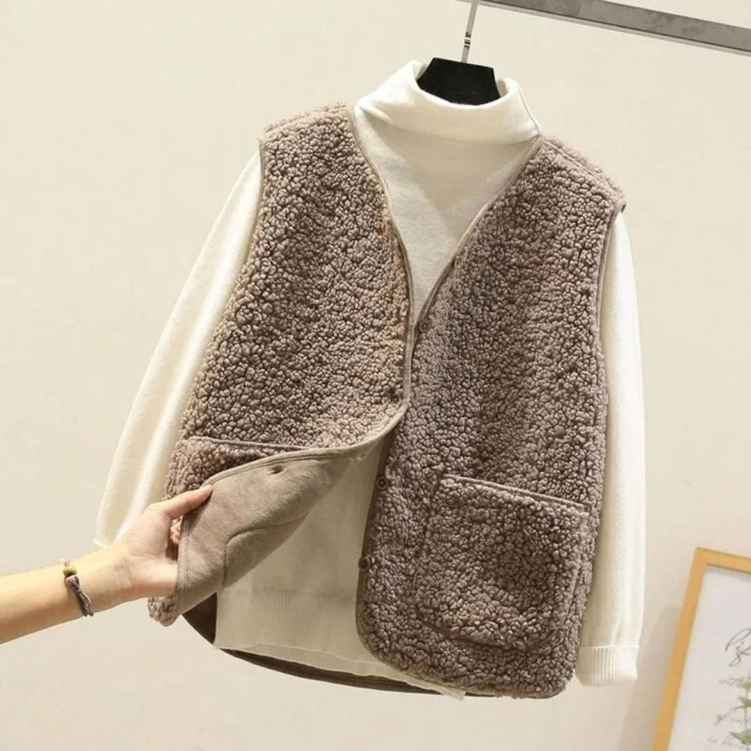 Lamia | Damen Weste aus Teddyfleece mit V Ausschnitt und Taschen