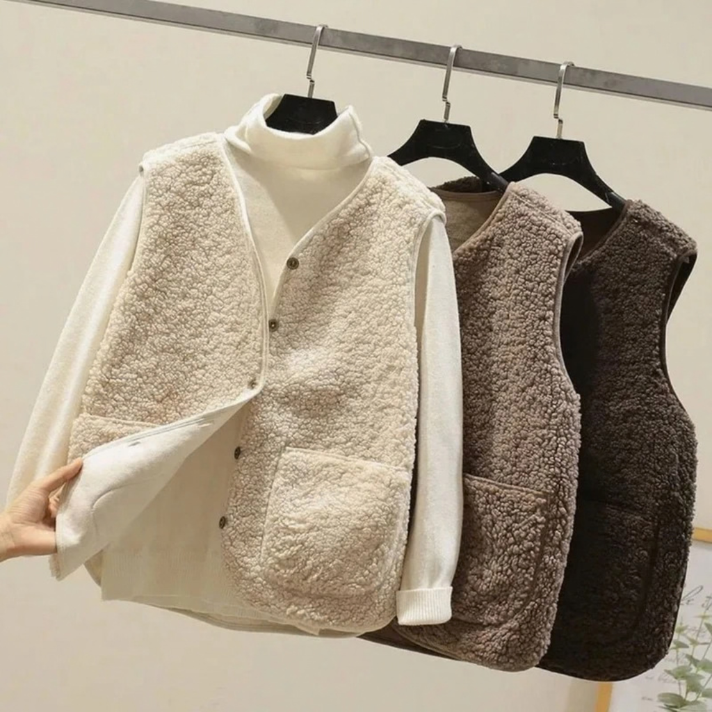 Lamia | Damen Weste aus Teddyfleece mit V Ausschnitt und Taschen