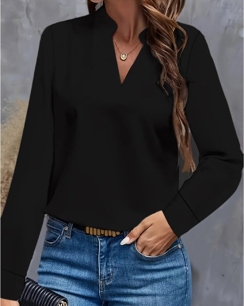 Langärmelige Damen Bluse mit V-Ausschnitt – Klare Silhouette