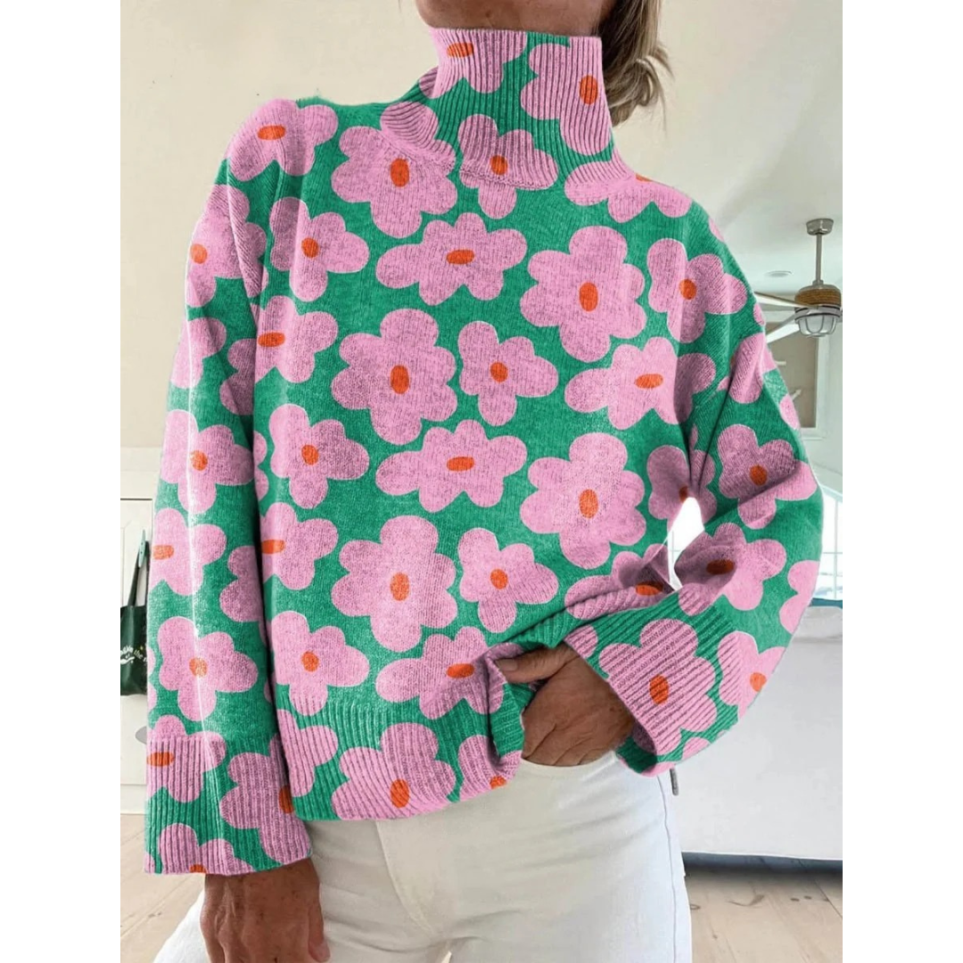 Laura | Damen Rollkragenpullover mit Blumen in Rosé und Grün